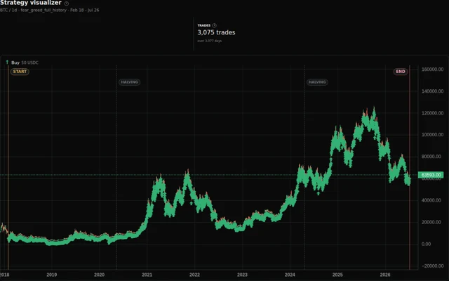 Strategy visualizer showing a 50 dollar Bitcoin purchase every day throughout the study period